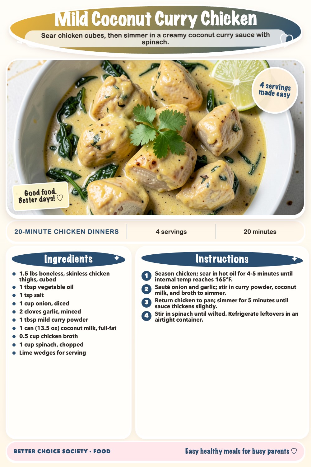 Complete recipe card for Mild Coconut Curry Chicken, including ingredients and steps