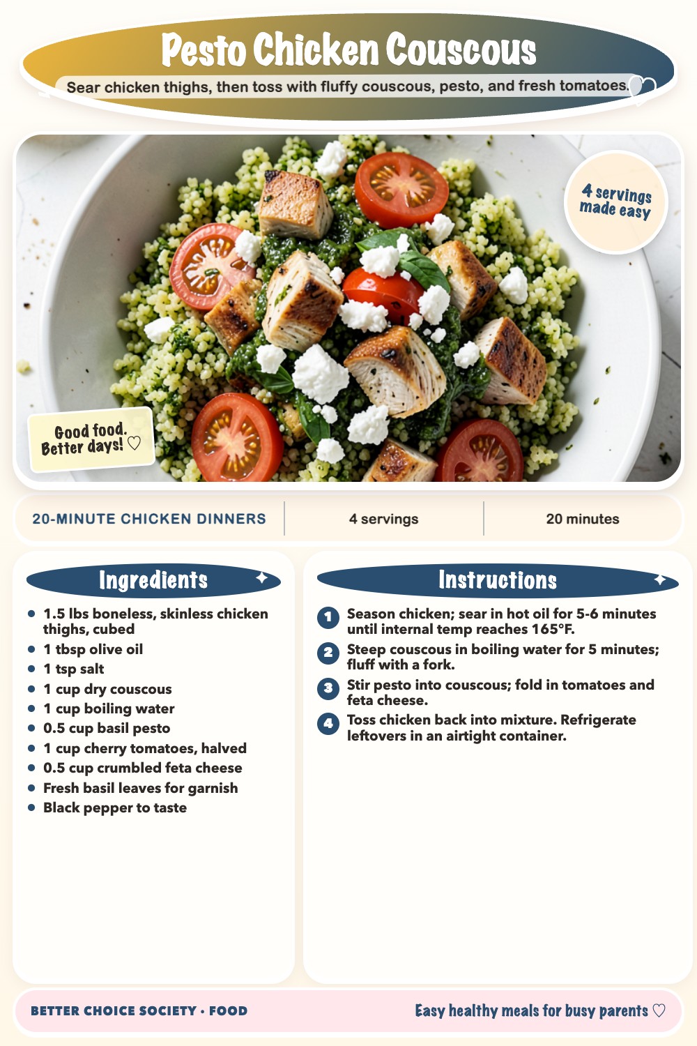 Complete recipe card for Pesto Chicken Couscous, including ingredients and steps