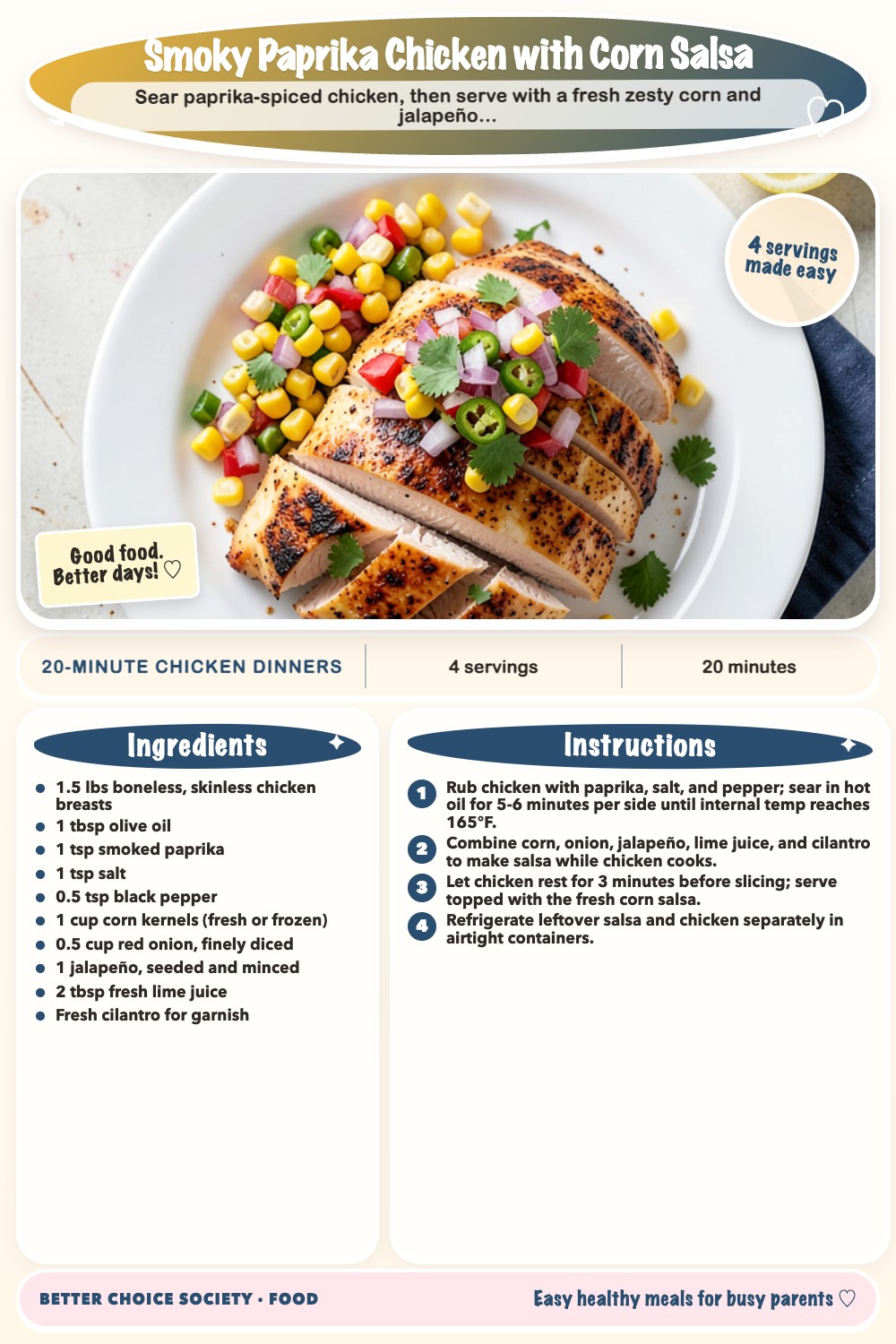 Complete recipe card for Smoky Paprika Chicken with Corn Salsa, including ingredients and steps
