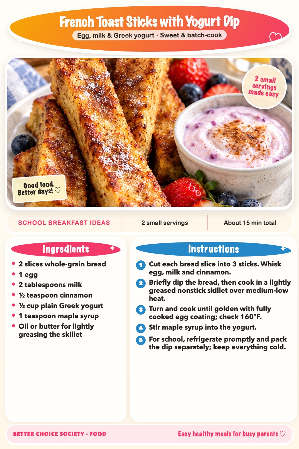 Complete recipe card for French Toast Sticks with Yogurt Dip, including ingredients and steps
