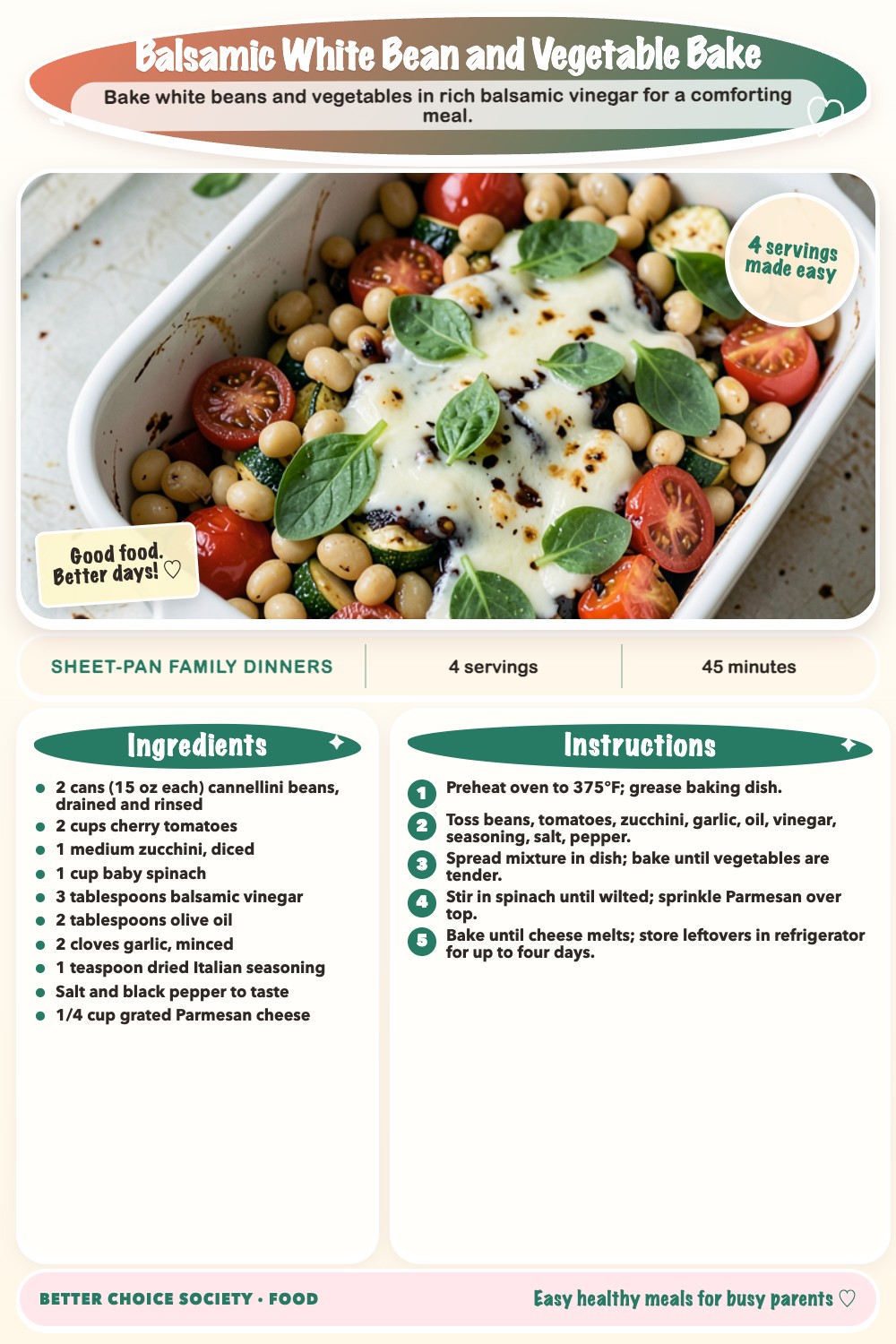 Complete recipe card for Balsamic White Bean and Vegetable Bake, including ingredients and steps