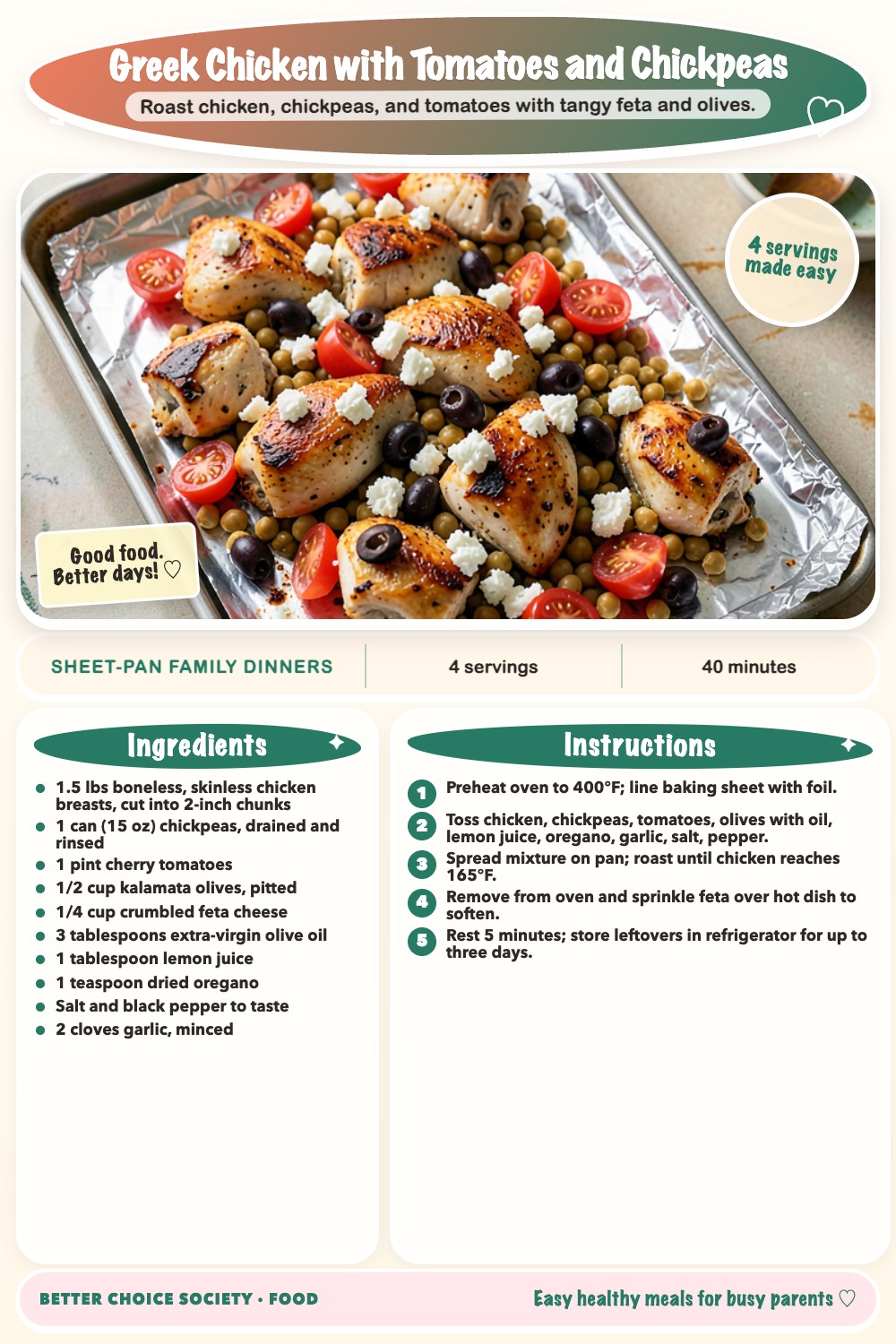 Complete recipe card for Greek Chicken with Tomatoes and Chickpeas, including ingredients and steps