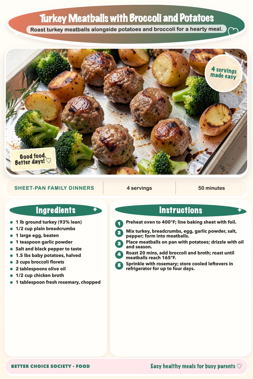 Complete recipe card for Turkey Meatballs with Broccoli and Potatoes, including ingredients and steps