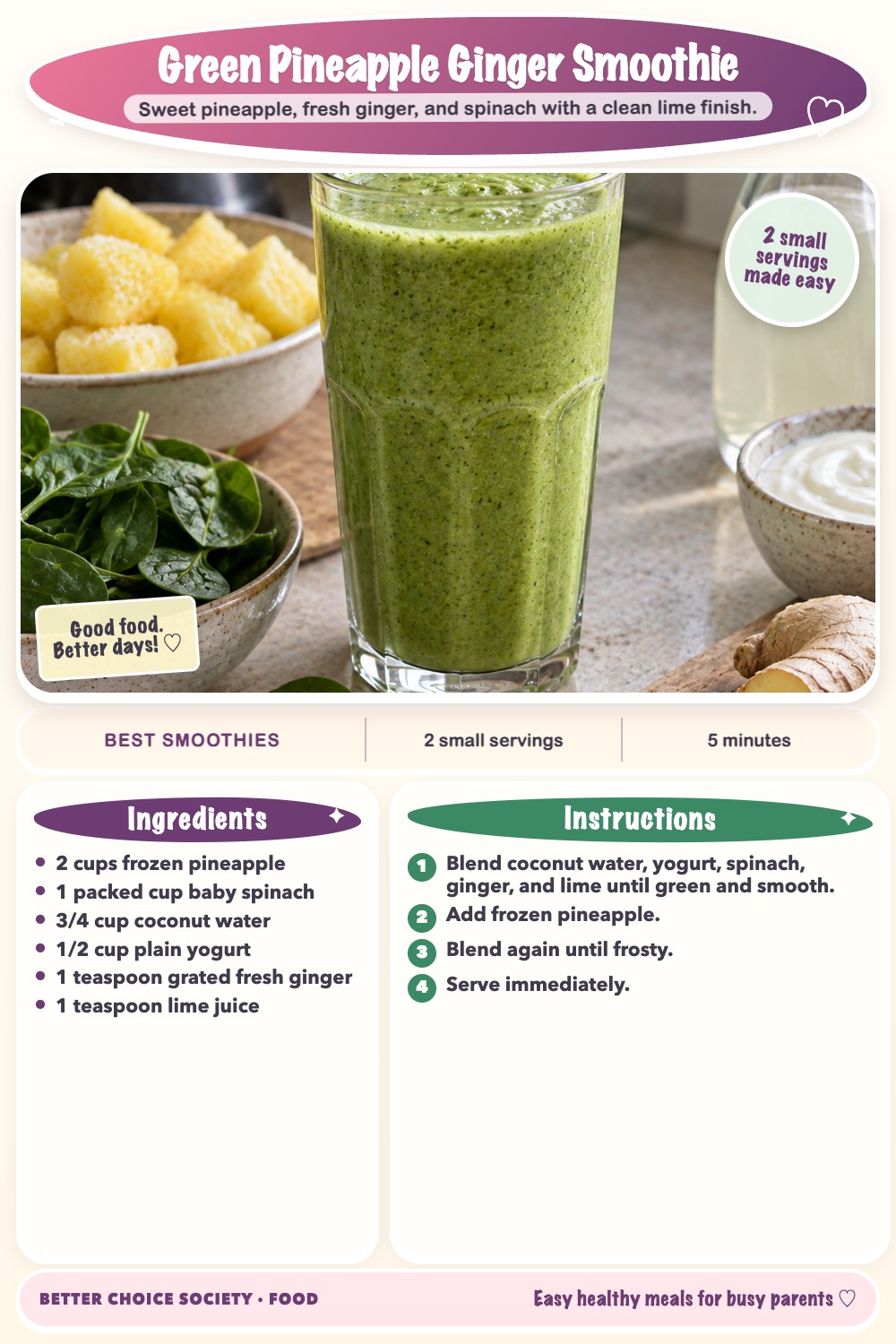 Complete recipe card for Green Pineapple Ginger Smoothie, including ingredients and steps
