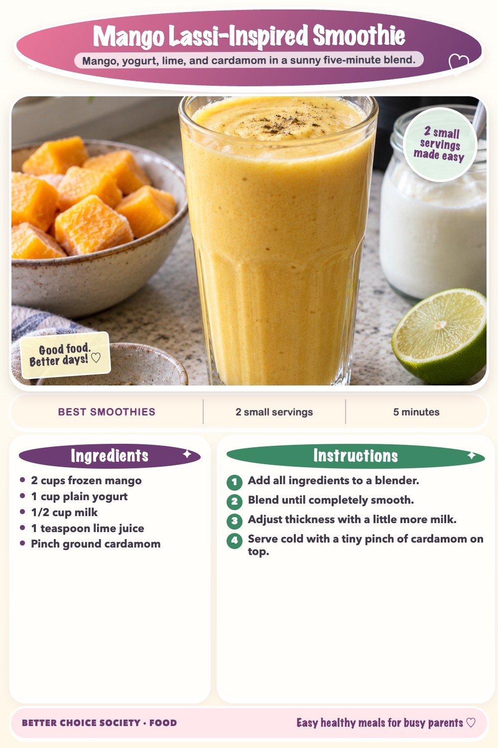 Complete recipe card for Mango Lassi-Inspired Smoothie, including ingredients and steps