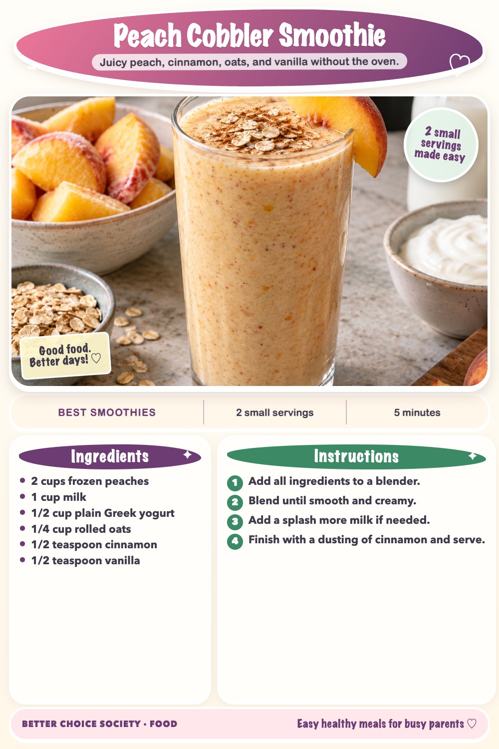 Complete recipe card for Peach Cobbler Smoothie, including ingredients and steps