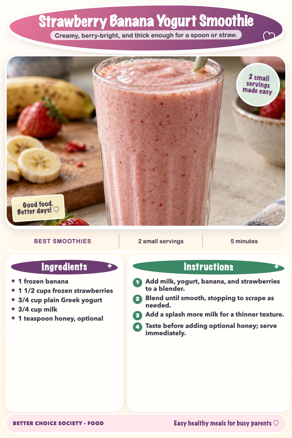 Complete recipe card for Strawberry Banana Yogurt Smoothie, including ingredients and steps