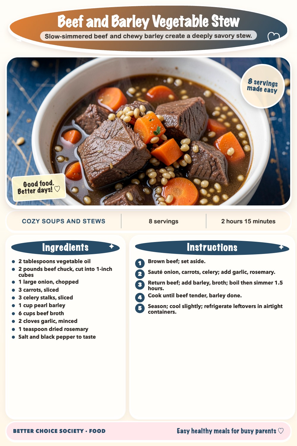 Complete recipe card for Beef and Barley Vegetable Stew, including ingredients and steps