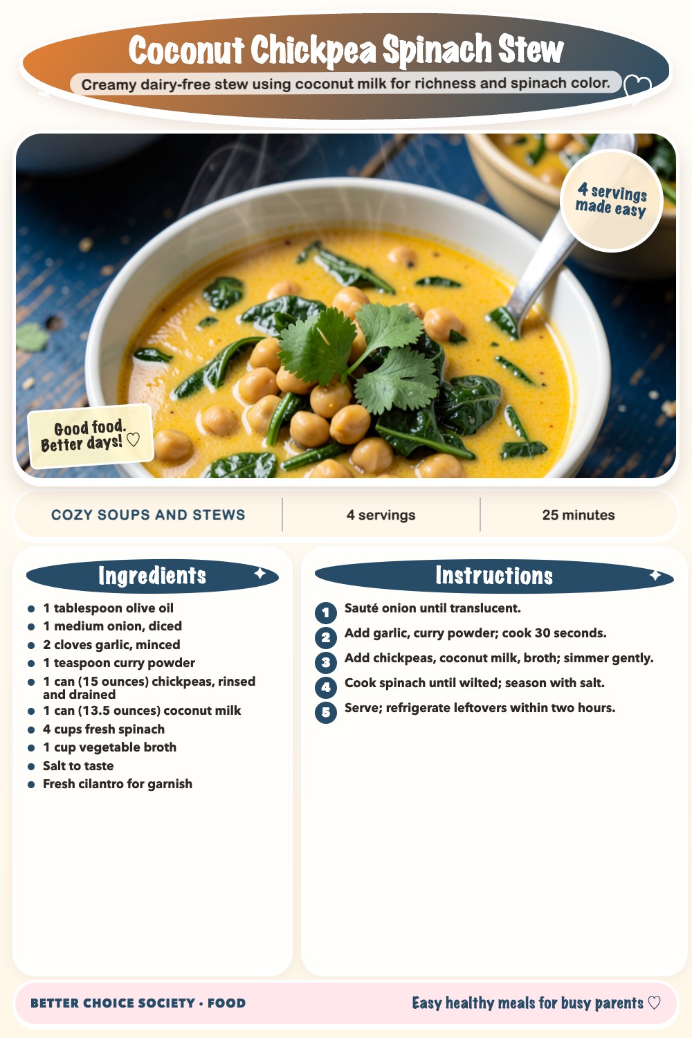 Complete recipe card for Coconut Chickpea Spinach Stew, including ingredients and steps