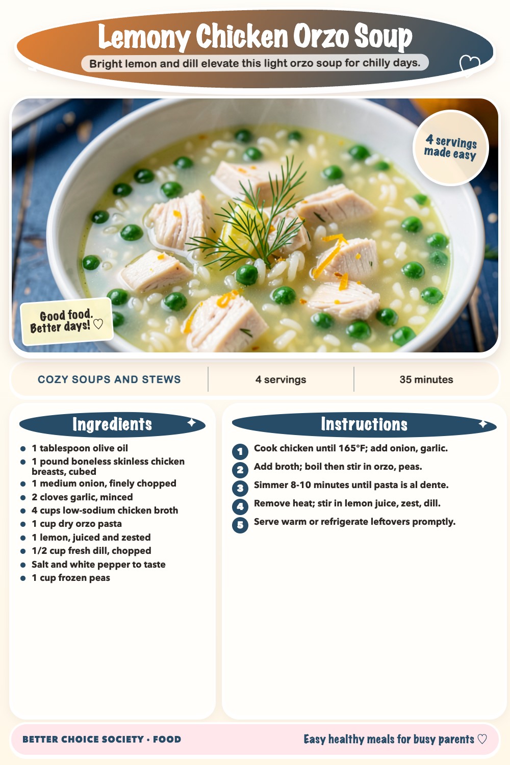 Complete recipe card for Lemony Chicken Orzo Soup, including ingredients and steps