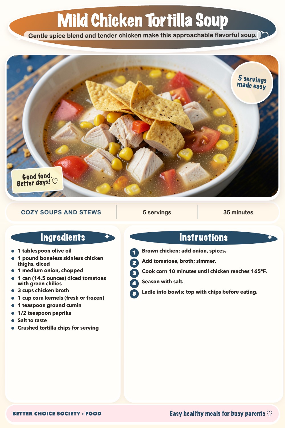 Complete recipe card for Mild Chicken Tortilla Soup, including ingredients and steps