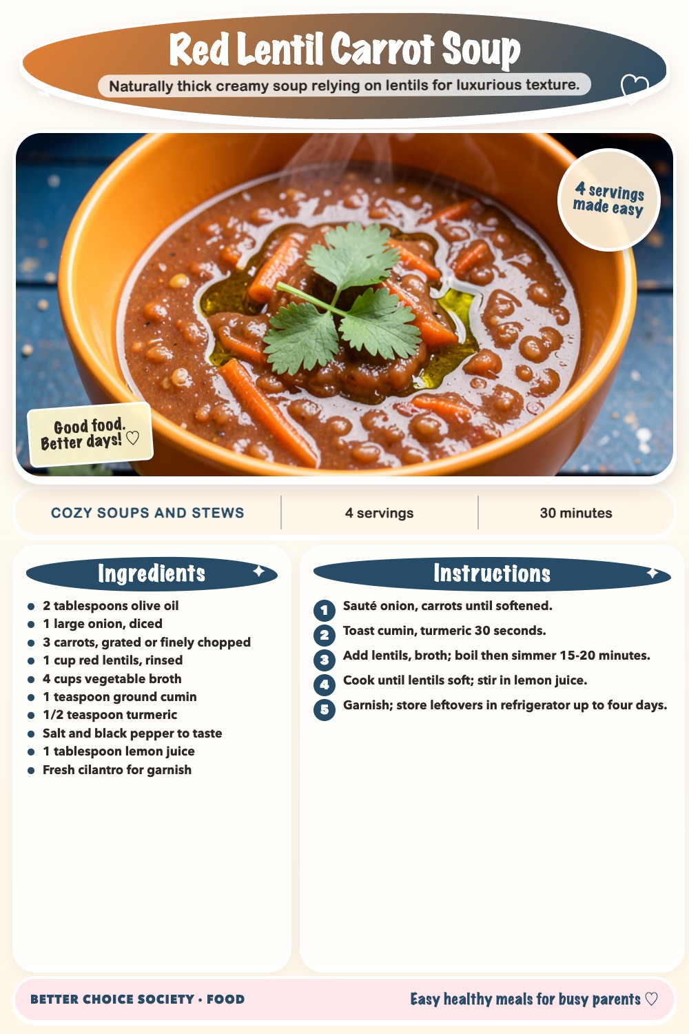 Complete recipe card for Red Lentil Carrot Soup, including ingredients and steps