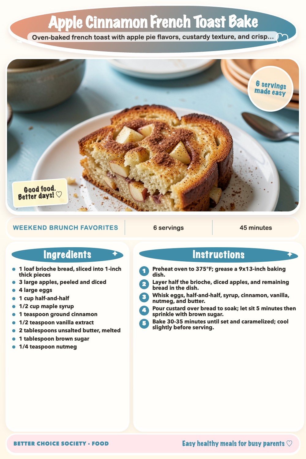 Complete recipe card for Apple Cinnamon French Toast Bake, including ingredients and steps