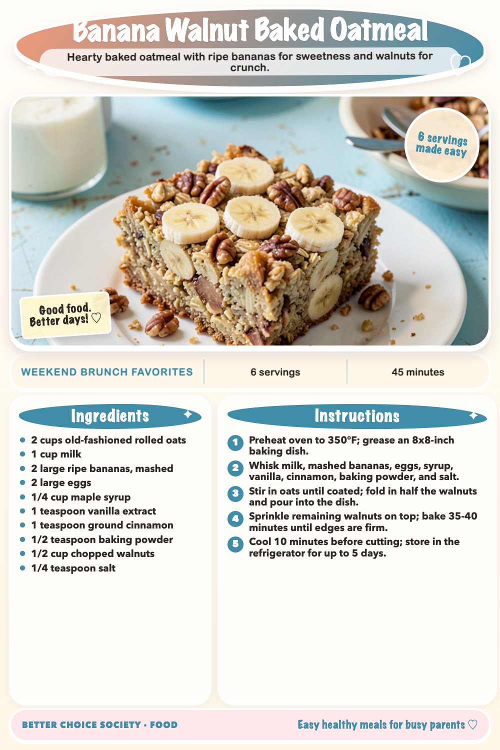 Complete recipe card for Banana Walnut Baked Oatmeal, including ingredients and steps
