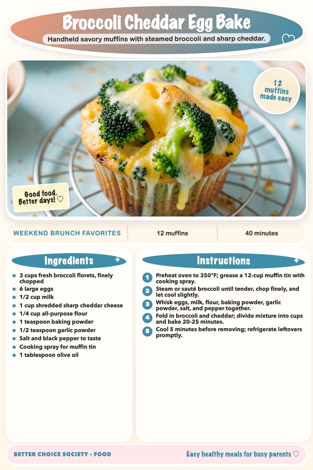 Complete recipe card for Broccoli Cheddar Egg Bake, including ingredients and steps