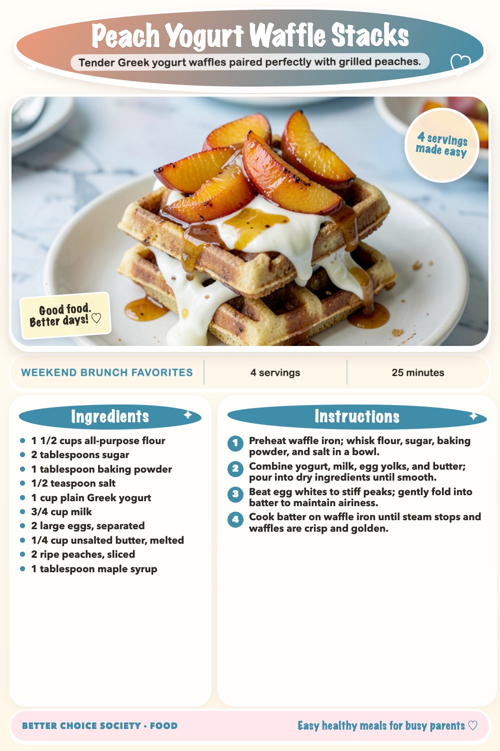 Complete recipe card for Peach Yogurt Waffle Stacks, including ingredients and steps
