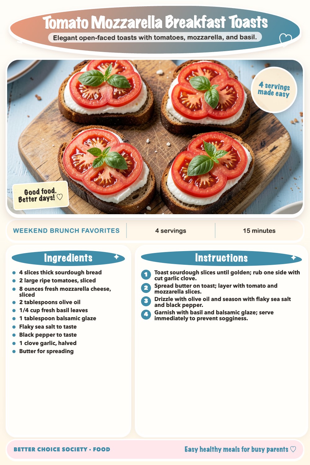 Complete recipe card for Tomato Mozzarella Breakfast Toasts, including ingredients and steps