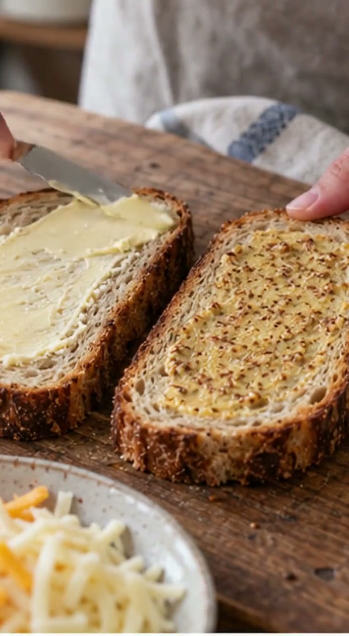 A crisp sourdough grilled-cheese half being dipped into tomato soup